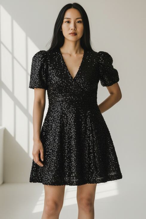 STAUD Dresses & Skirts - Staud Mini Dress Womens 8 Black Textured Tinsel Fringe Puff Sleeve Lined Modern